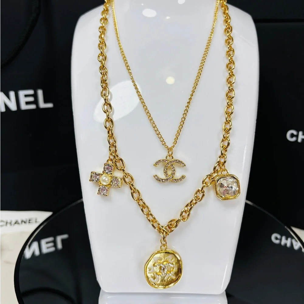 A-1FN-4: NECKLACE: Double Gold-Tone Featuring Dazzling Monogram Charms, NWOT